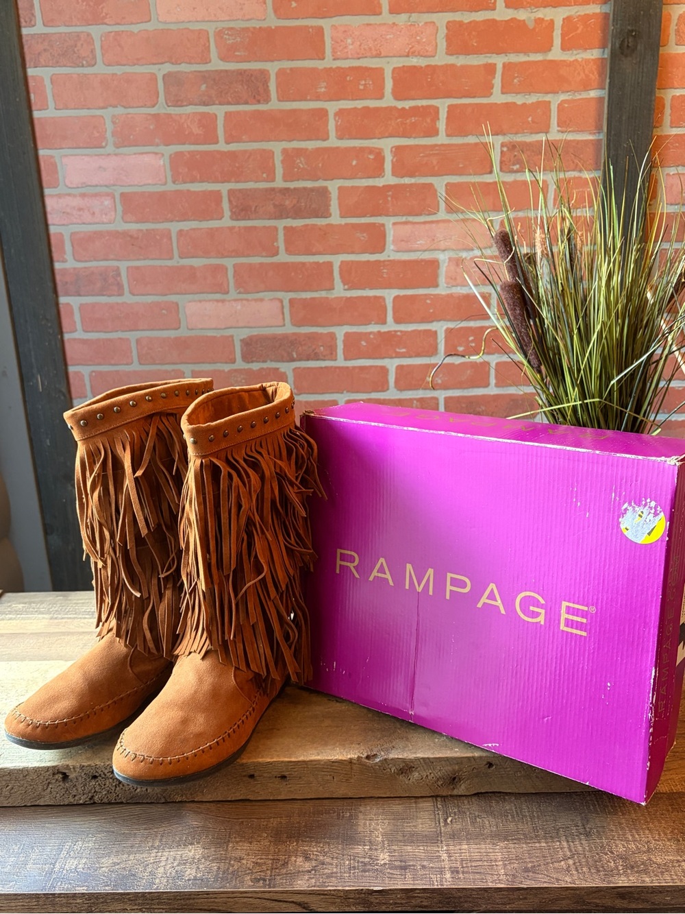 Rampage Brown Faux Suede Fringe Studded Boots Mid-Calf Moccasin Boots Sz 9 w/box